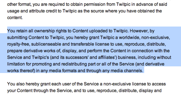 Twitpic terms of service